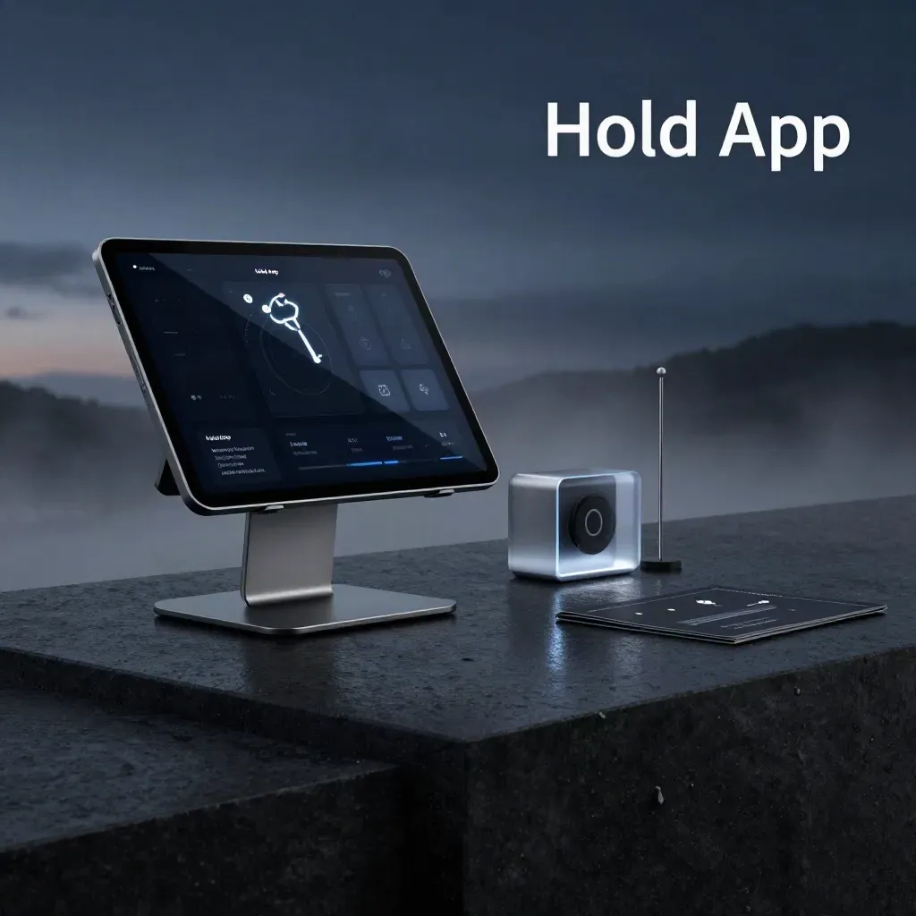 Graphite tablet kiosk, queue markers and timer cube glowing on a dark stone plinth.