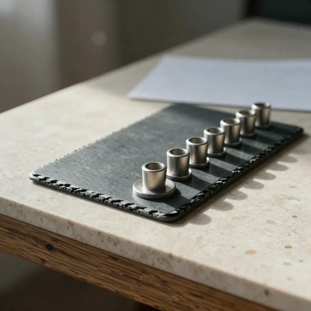 Slate table hold planner with tablet and pegs on travertine, one peg settling into place.