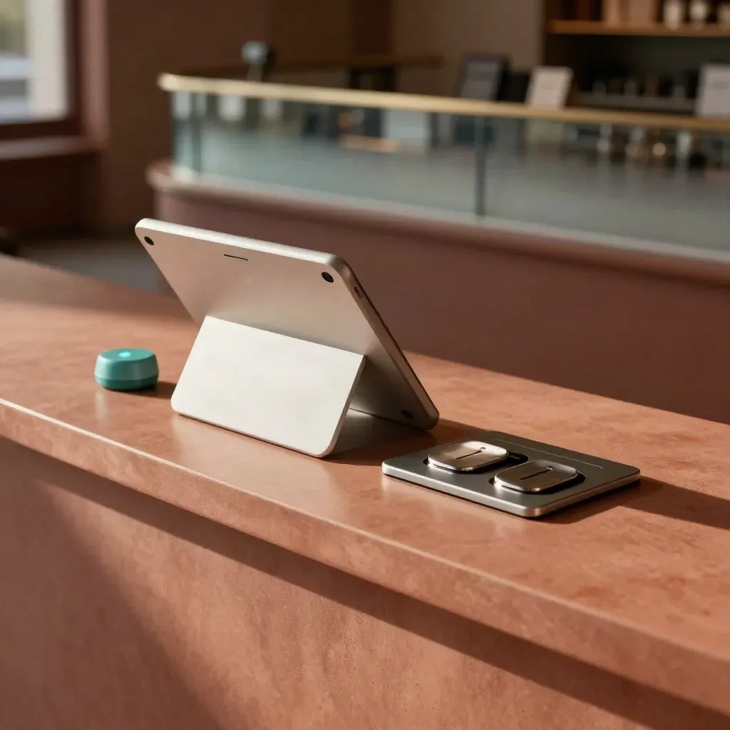 Tablet kiosk with glowing beacon and message tokens on a terracotta hold station.