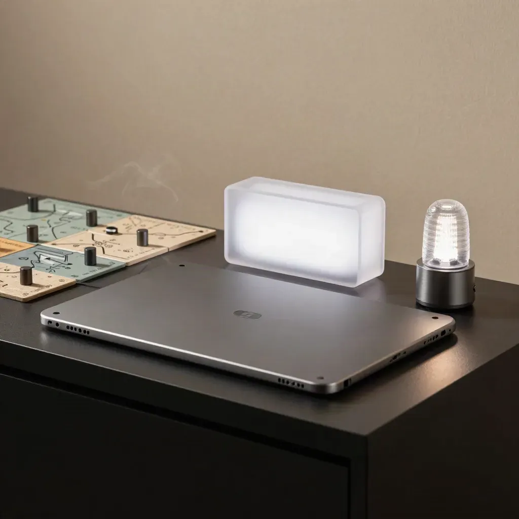 Dark dramatic bundle of tablet, timer cube, queue pegs, route tiles and alert beacon on a black plinth.
