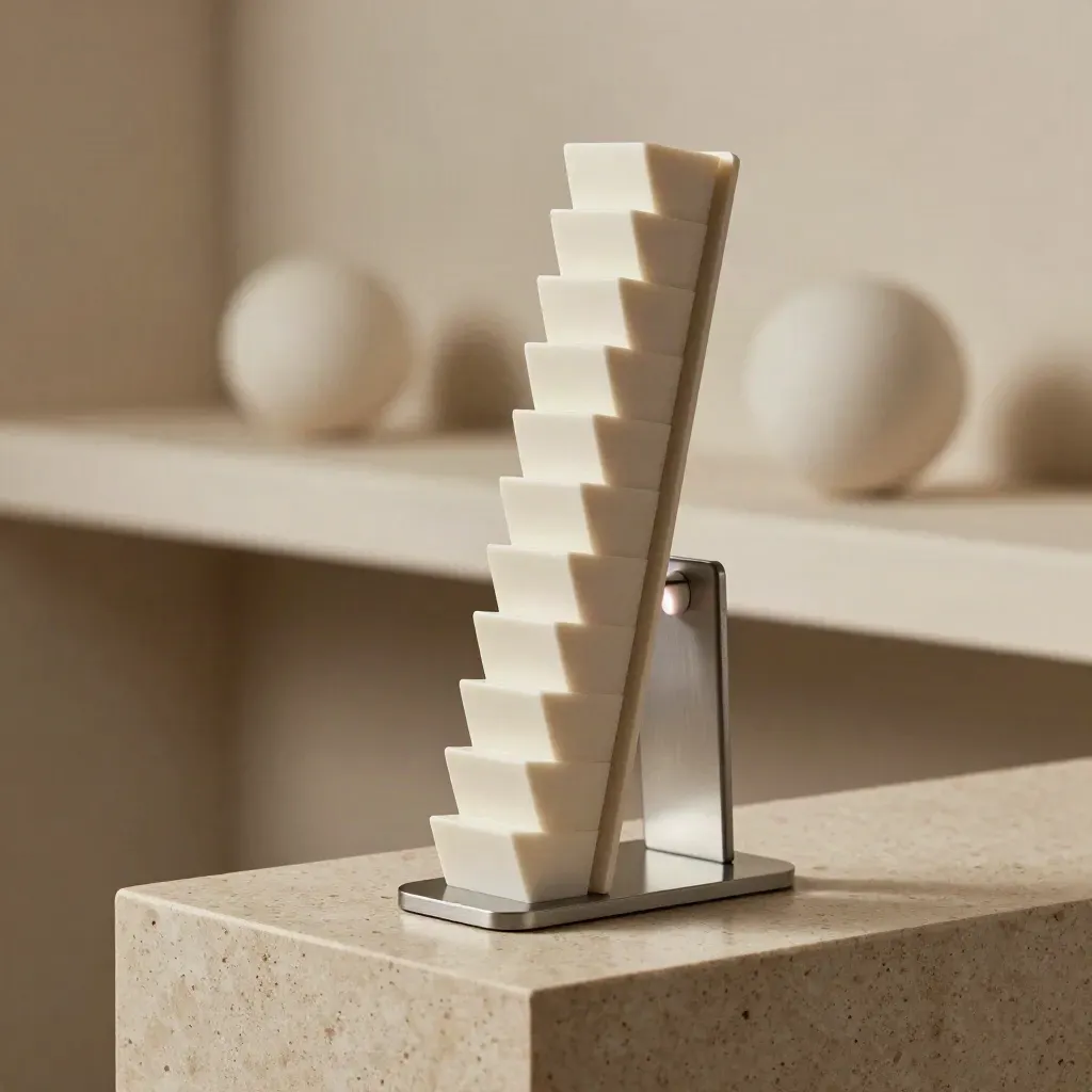 Ivory queue tower, nested tokens and slim stand on travertine with warm blurred bokeh