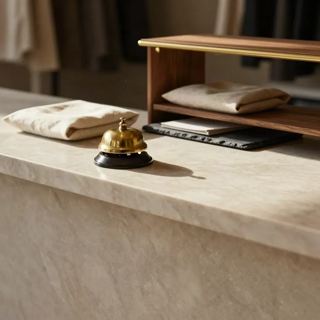 Sunlit marble retail counter with brass trays and linen parcels
