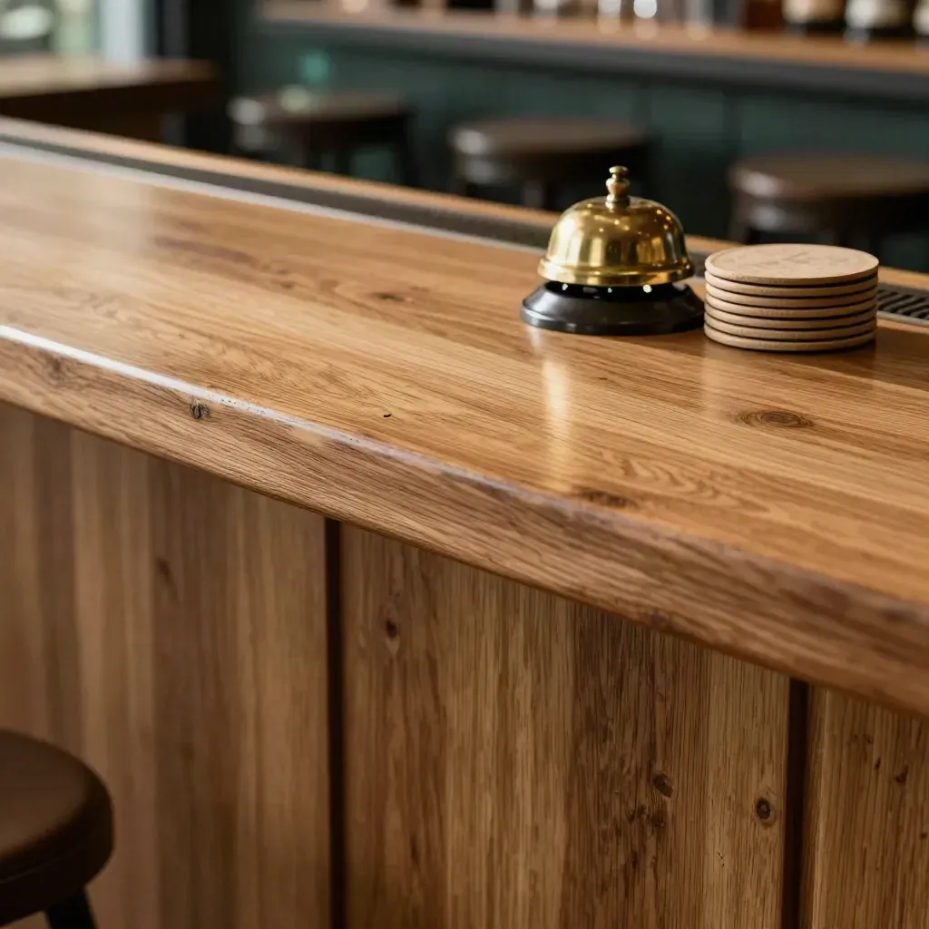 Oak bar top with blurred stools and teal reflections in warm afternoon light.